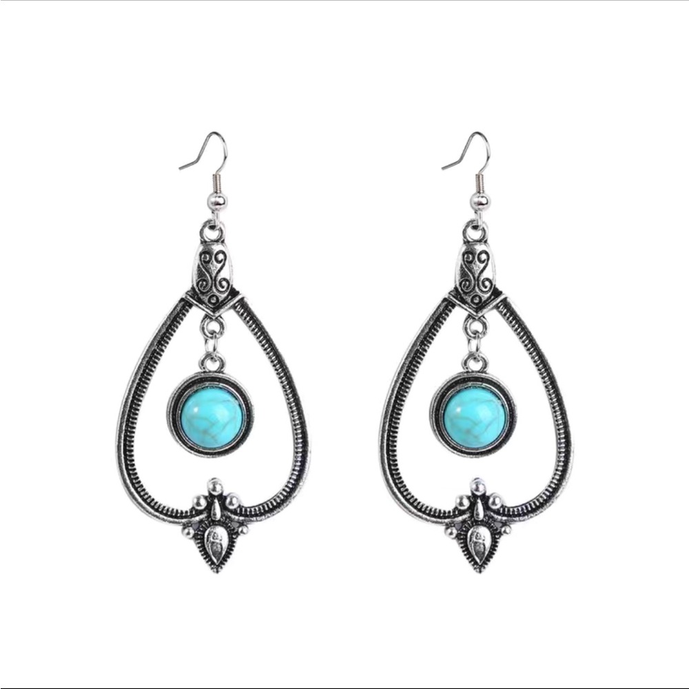 Vintage Boho Antique Silver and Turquoise Drop Earrings